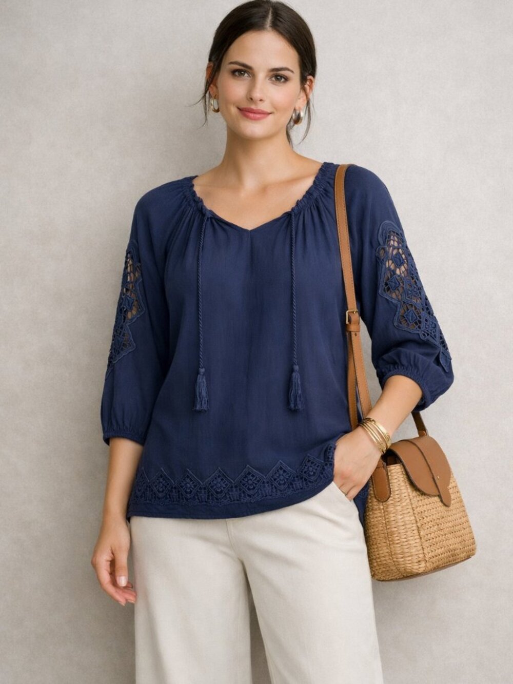 Ruby Rd Peasant/Boho Style Gauzy Navy Blue Top/Blouse Size Small